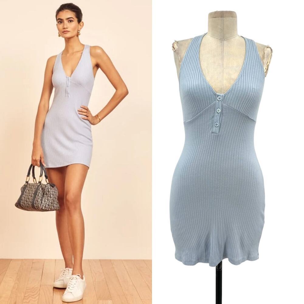 Reformation Light Blue Ribbed Henley Mini Dress